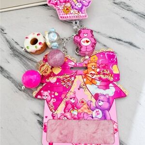 Care Bears Bright Pink Bow Badge Holder with Charms, Badge Reel alligator clip!